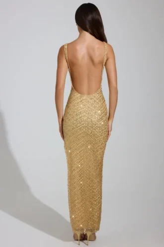 Yarina Embellished Scoop-Neck Thigh-Split Maxi Dress in Gold