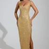 Yarina Embellished Scoop-Neck Thigh-Split Maxi Dress in Gold