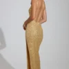 Yarina Embellished Scoop-Neck Thigh-Split Maxi Dress in Gold