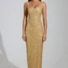 Yarina Embellished Scoop-Neck Thigh-Split Maxi Dress in Gold