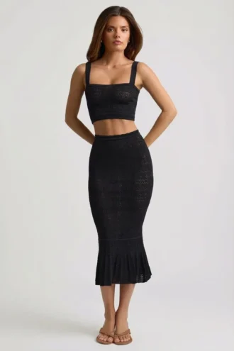 Yasira Ruffle-Trim Pointelle-Knit Midaxi Skirt in Black