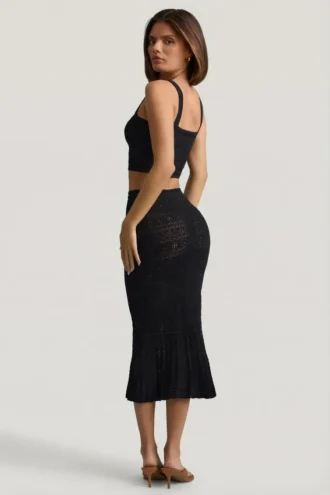 Yasira Ruffle-Trim Pointelle-Knit Midaxi Skirt in Black