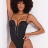 Yelda Satin Plunge Neck Lace Up Corset Bodysuit in Black