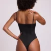 Yelda Satin Plunge Neck Lace Up Corset Bodysuit in Black