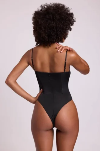Yelda Satin Plunge Neck Lace Up Corset Bodysuit in Black