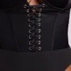 Yelda Satin Plunge Neck Lace Up Corset Bodysuit in Black