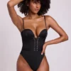 Yelda Satin Plunge Neck Lace Up Corset Bodysuit in Black