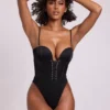 Yelda Satin Plunge Neck Lace Up Corset Bodysuit in Black