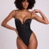 Yelda Satin Plunge Neck Lace Up Corset Bodysuit in Black