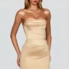 Yesenia Satin Scalloped-Bandeau Ruched Mini Dress in Champagne