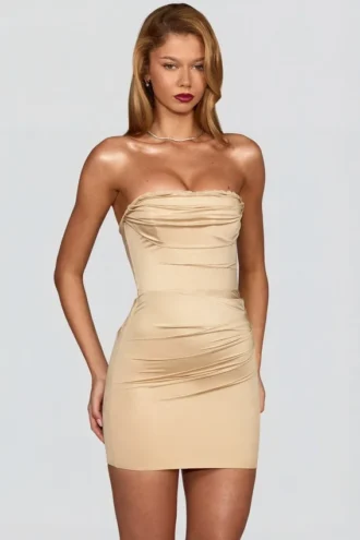 Yesenia Satin Scalloped-Bandeau Ruched Mini Dress in Champagne