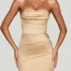 Yesenia Satin Scalloped-Bandeau Ruched Mini Dress in Champagne