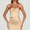Yesenia Satin Scalloped-Bandeau Ruched Mini Dress in Champagne