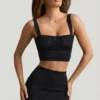 Yolanda Pointelle-Knit Crop Top in Black