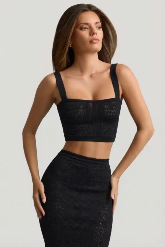 Yolanda Pointelle-Knit Crop Top in Black
