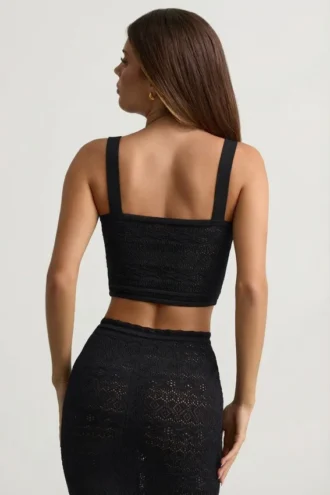 Yolanda Pointelle-Knit Crop Top in Black