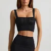 Yolanda Pointelle-Knit Crop Top in Black