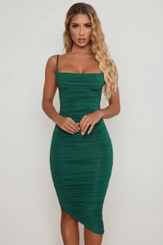You’re My Type Cowl Neck Ruched Bodycon Midi Dress in Green
