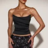 Yulea Satin Draped Lace-Up Corset Top in Black Purple