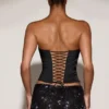 Yulea Satin Draped Lace-Up Corset Top in Black Purple