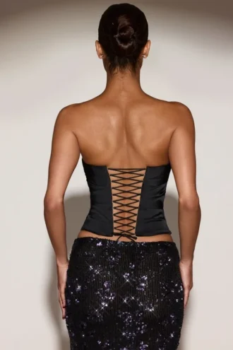 Yulea Satin Draped Lace-Up Corset Top in Black Purple