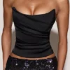 Yulea Satin Draped Lace-Up Corset Top in Black Purple