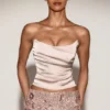 Yulea Satin Draped Lace-Up Corset Top in Gold