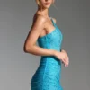 Zahira Embellished One-Shoulder Mini Dress in Aqua Blue