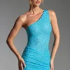 Zahira Embellished One-Shoulder Mini Dress in Aqua Blue