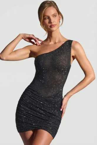 Zahira Embellished One-Shoulder Mini Dress in Black