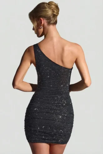 Zahira Embellished One-Shoulder Mini Dress in Black