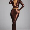 Zahra Mid Rise Metallic Jersey Gown Skirt in Copper Bronze