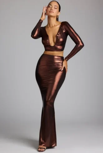 Zahra Mid Rise Metallic Jersey Gown Skirt in Copper Bronze