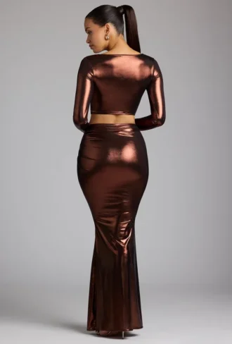 Zahra Mid Rise Metallic Jersey Gown Skirt in Copper Bronze