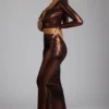 Zahra Mid Rise Metallic Jersey Gown Skirt in Copper Bronze