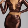 Zahra Mid Rise Metallic Jersey Gown Skirt in Copper Bronze