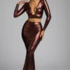 Zahra Mid Rise Metallic Jersey Gown Skirt in Copper Bronze