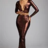 Zahra Mid Rise Metallic Jersey Gown Skirt in Copper Bronze
