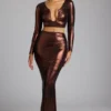 Zahra Mid Rise Metallic Jersey Gown Skirt in Copper Bronze
