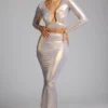 Zahra Mid Rise Metallic Jersey Gown Skirt in Light Gold