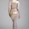 Zahra Mid Rise Metallic Jersey Gown Skirt in Light Gold