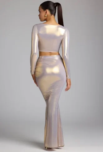 Zahra Mid Rise Metallic Jersey Gown Skirt in Light Gold