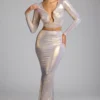 Zahra Mid Rise Metallic Jersey Gown Skirt in Light Gold