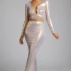 Zahra Mid Rise Metallic Jersey Gown Skirt in Light Gold