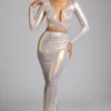 Zahra Mid Rise Metallic Jersey Gown Skirt in Light Gold