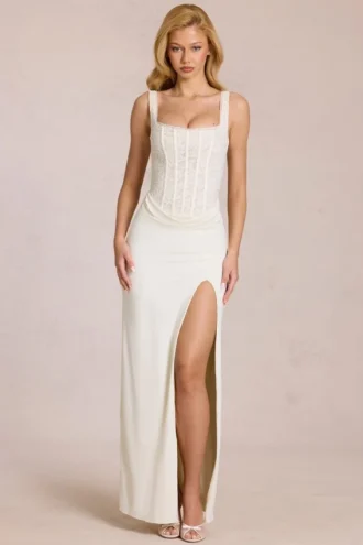 Zalia Lace Corset Maxi Dress in Ivory