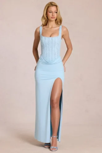 Zalia Lace Corset Maxi Dress in Powder Blue