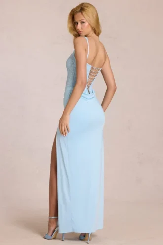 Zalia Lace Corset Maxi Dress in Powder Blue