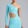 Zanab Metallic Cut-Out One-Shoulder Mini Dress in Ice Blue