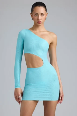 Zanab Metallic Cut-Out One-Shoulder Mini Dress in Ice Blue